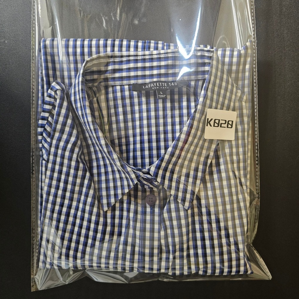 Lafayette 148 New York Blue Gingham Check 3/4 Sleeve Button-up Shirt Large - Picture 9 of 9